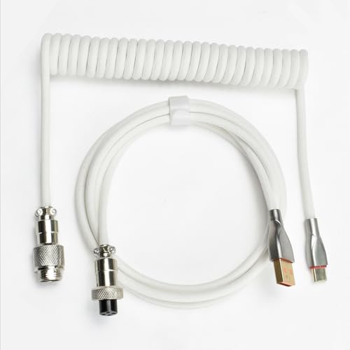 CC MALL Type-C Mechanical Keyboard Cables 1.5M Coiled USB C to USB A with Detachable Metal Aviator Connector.for Gaming Keyboard/Tablet (White)