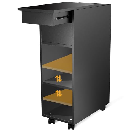 EXSELTMAN Nachttisch schwarz mit Rollen, Nachtschrank, Nachtkästchen, 2 offenen Ablagen und Schiebeschublade, Beistelltisch, schmaler Kleiner Nachtschrank im Schlafzimmer 45x25x70cm