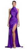 Mermaid Satin Bridesmaid Dresses Purple Split Prom Dress Ruched Bodycon Formal Long Dress Size 12