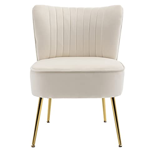 Goolon Velvet Accent Chair Set Of 2 Upholstered Vertical Line Living Room Chair Tufted Side Chair With Golden Metal Legs Modern Design Armless Chair Wingback Chair For Bedroom Beige #TOP3