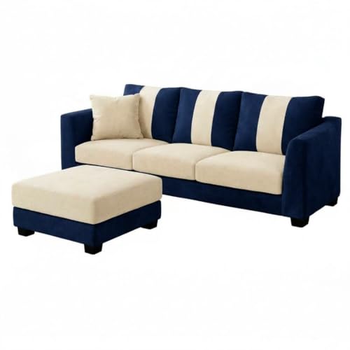 Image of Revo Plush Comfort Sofa Set | 3 Seater + 2 Seater with Ottoman | Luxury Velvet Suede Fabric | Modern Living Room Sofa | Dark Blue - Cream