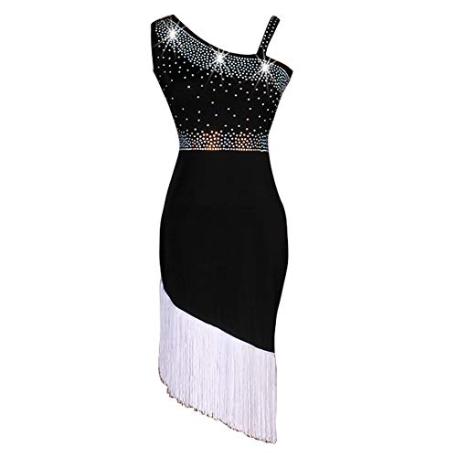 NAKOKOU Latin Dance Dresses Women's Performance Spandex Tassel Crystals Rhinestones Sleeveless Dress(Black+White,XXL)