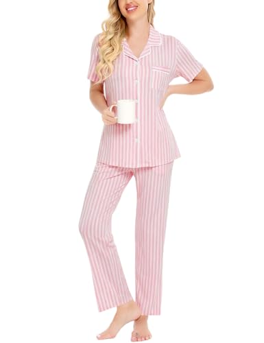 Image of SWOMOG Women Pajama Sets Two-Piece Nightwear Short Sleeve Sleepwear Button Down Pj Lounge Sets with Long Pants