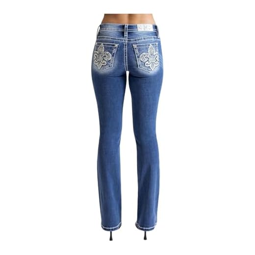 Miss Me Women's Fleur De Lis Stars Mid-Rise Bootcut Jeans, Medium Blue, 32L