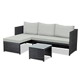 Kingshouse Set de Muebles de Mimbre Negro para Patio y Jardín con Sillón Lounge Derecho Sofá 2 Plazas, Mesa Central con...