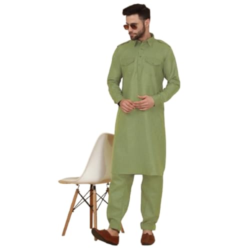 Image of KRAFT INDIA Men's Cotton Pathani Kurta With Drawstring Salwar Set