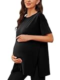 Ecavus Women's Casual Maternity Shirts Split Side Pregnancy Tops Blouses Short Sleeve Loose Fit Maternity Clothes Black