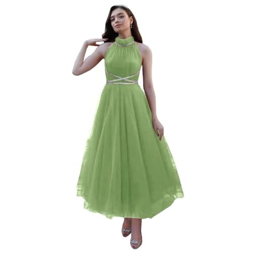 Women’s Halter Neck Prom Dresses Tulle Evening Gowns Sleeveless Beaded Homecoming Dresses Long 6 Water Red