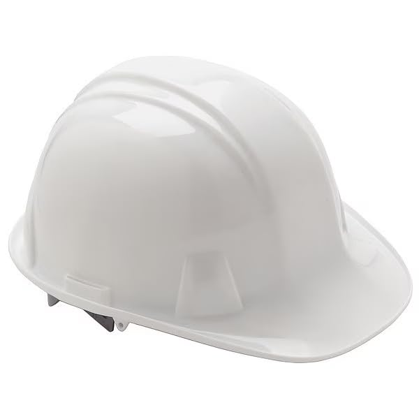Front Brim Hard Hat, Polyethylene, Type 1, Class E, Ratchet (4-Point), Side Slots, White, Mfr: 52LC92-A