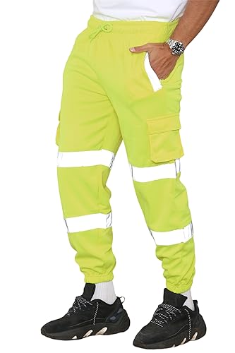 Hi Viz Mens Fleece Work Trousers Reflective Tape Band Safety Hi Vis Joggers, Men Warm High Visibility Two Tone Combat Side Pockets Bottoms Workwear Pants UK Plus Size S-5XL, (Yellow - M)