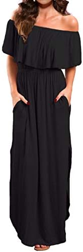 VERABENDI Women's Off Shoulder Summer Casual Long Ruffle Beach Maxi Dress with Pockets