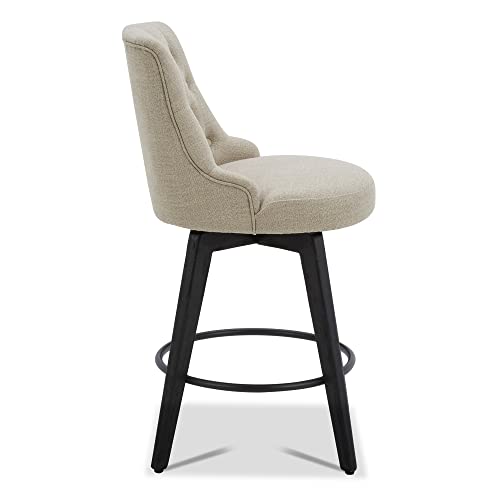 Image of Watson & Whitely Counter Height Bar Stools Swivel Barstools, Fabric Tan | Set of 3, Upholstered Modern Barstool with Back, Solid Wood Legs, 26 inch H Seat