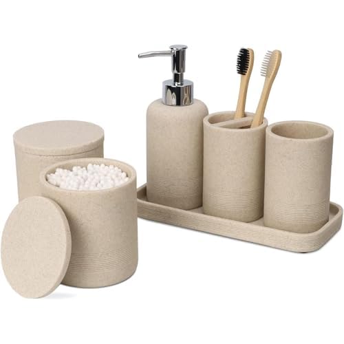 ZCCZ Beige Bathroom Accessories Set 6 Pieces – Toothbrush Holder, Lotion Dispenser, Qtip Container, Vanity Tray, Tumbler – Countertop Organizer for Bathrooms – Elegant and Functional Décor Set