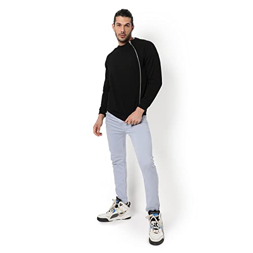 Image of Campus Sutra Men Crew Neck Sweatshirt with Zip Accent Black