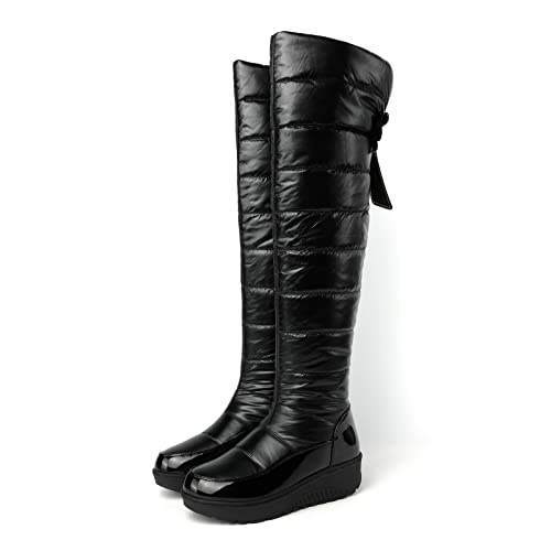 Pivapam Over The Knee Boots For Women Black Waterproof Thigh High Boots Wedge Fur Lined Winter Warm Snow Boots #TOP1
