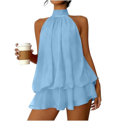 Image of Women's Halter Neck Sleeveless Backless Chiffon Layered Ruffle Pleated A-Line Swing Loose Puffball Mini Dress with Built-in Shorts Light Airy Summer Vacation Y2K Sexy Elegant Party Sundress Sky Blue