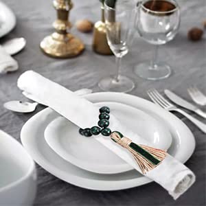 Green And Black Plaid Tassel Dinner Napkin Rings Holder, Wood Bead Napkin Ring Set Of 6, Rustic Napkin Rings Handmade By Braided Jute And Bead For St Patricks Day Weeding Christmas Party Celebration #TOP6