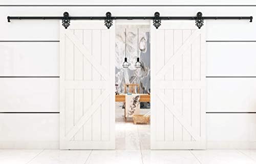 DIYHD TSQ72 10FTD Ornate Roller Hardware Interior Barn Black Sliding Track 2, Double Door kit