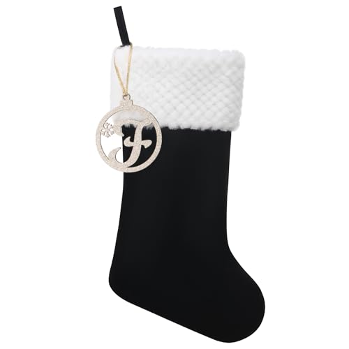 Pxniy Personalized Black Velvet Christmas Stocking, Gold Wooden Initial