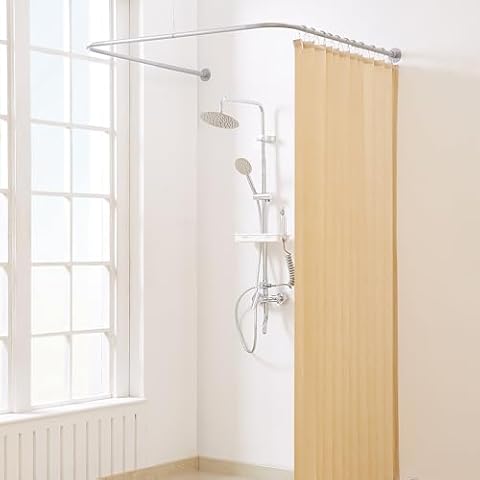 Yampos U Shaped Shower Curtain Rod Silver Gray, [Both Sides: 23.6"-52", Middle: 30"-46"] Adjustable U Shape Outdoor Shower Rod No-Sagging Curtain Pole for Bathroom with 12 Hooks & Ceiling Support Cover