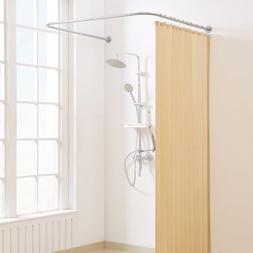 Yampos U Shaped Shower Curtain Rail, [Both Sides: 60 cm - 132 cm, Middle: 76,2 cm - 116,8 cm] Adjustable U Shape Outdoor Shower Rod Corner Curtain Pole for Bathroom with 12 Hooks & Ceiling Support