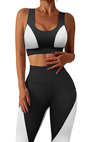Women’s Colorblock Workout Sets 2 Piece Outfits Seamless Sports Bra High Waisted Leggings Black M #TOP17