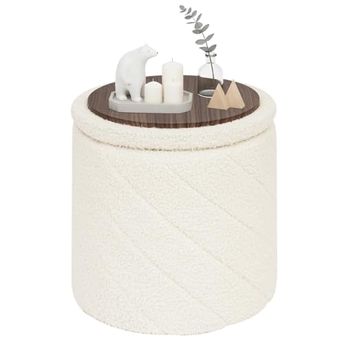 PINPLUS Pouf de Rangement Pliable Rond, Teddy Bouclé Tabouret, Amovible Couvercle, Table Basse et Repose-Pieds pour Salon, Chambre, Ø 33 x 35 cm, Blanc