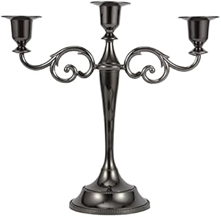 Dyna-Living Metal Candle Holder 3-arms Candle Stand Antique Pillar Candelabra Candlestick Chic Decor For Wedding Decoration (Black)