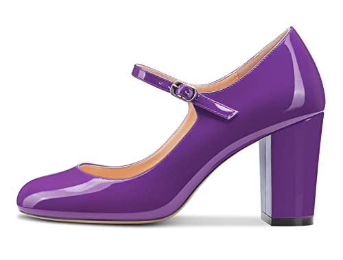 HEUIVZAR Women Mary Jane Pumps Round Toe Block Chunky Mid High Heel Slip-on Dress Shoes Patent 3 Inch2