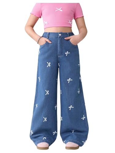 WDIRARA Girl's Bow Print Baggy Jeans Cute High Waisted Wide Leg Denim Pants