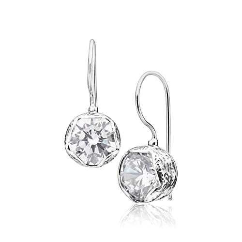925 Sterling Silver Earrings With 2 White Round Cubic Zirconia, 10Mm Bezel, Impressive Bling Effect Hypoallergenic, Nickel And Lead-Free, Artisan Handcrafted Designer, French Wire Back, Made In Israel #TOP30
