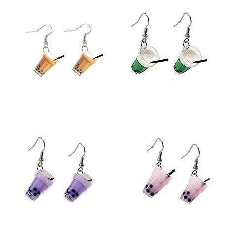 JinYu - 4 pares de pendientes colgantes de té de perlas y leche, coloridos frascos de cristal, divertidos pendientes para chica, fiestas divertidas