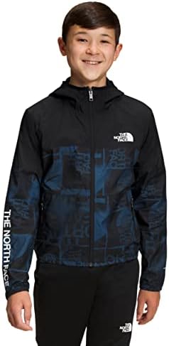 THE NORTH FACE Boys' Printed Never Stop Hooded Wind Jacket, Shady Blue TNF Logo Spray Print, Large