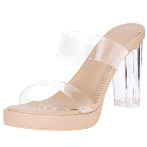 Heels Charm Women's Platform Heels Clear Chunky Block Heeled Sandals Open Toe Two Strap Slip On Block High Heel Sandal Dress Dancing Sandals Daily Work Party Shoes