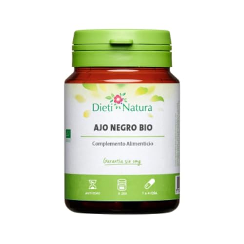 Dieti Natura 200 Cápsulas de Ajo Negro - Ajo Negro sin Sabor - Potente Antioxidante con Vitamina E y Sales de Magnesio - Extracto Fermentado de Ajo Negro (200 Unidades, Bio)