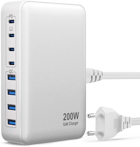 200W Chargeur USB C, Chargeur Rapide avec GaN Tech, 8 Ports PD+QC Prise USB Multiple, 65W Adaptateur Chargeur Laptop Compatible avec MacBook Pro/Air/iPad/iPhone 15/16/Galaxy S23/S24