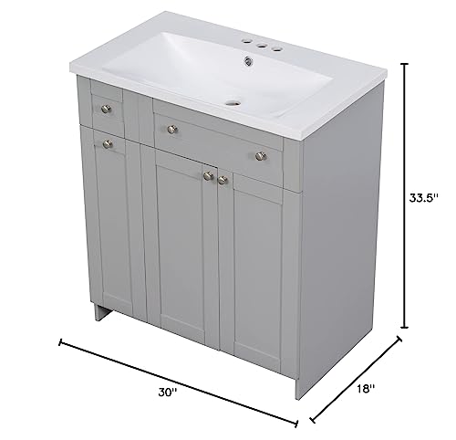 Merax 30" Bathroom Vanity W, Gray Combo Stand Storage Cabinet Set With Square White Resin Sink Top, Grey #TOP7