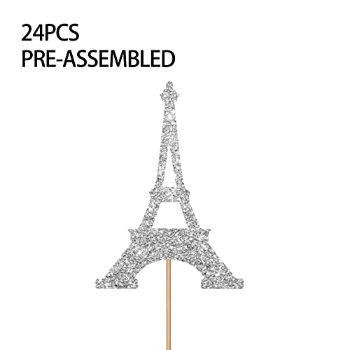 24Pcs - Silver Eiffel Tower Cupcake Toppers, Silver Glitter Paris Party Cupcake Toppers, Wedding/Engagement Cake Decor, Eiffel Tower Themed Birthday Party Decoration Supplies #TOP2
