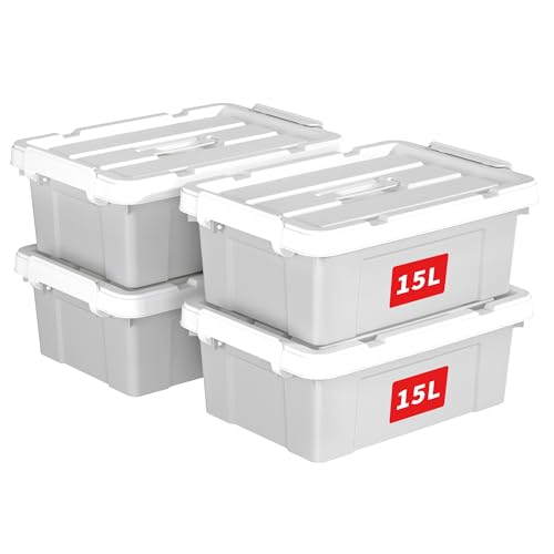 Cetomo 15L*4 Caja de Almacenamiento con Asa, Caja de Plástico con Tapa y Cierre Seguro, Contenedor de Almacenamiento, Duradera, Apilable, Resistentes, Gris, Paquete de 4 de 15L