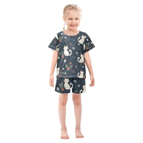 ALAZA Cartoon Cat Blossom Flower Pajamas Short Sleeve 2 Piece Sleepwear Top and Bottom Pajama Set Unisex3