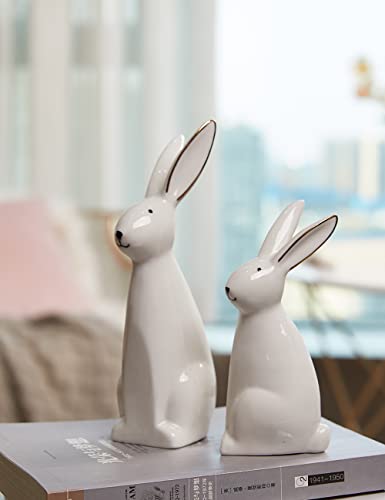 Seinhijo 2Pcs Sculpture Rabbit Statue Decor Geometric Bunny Ceramic Home Arts Inch #TOP2