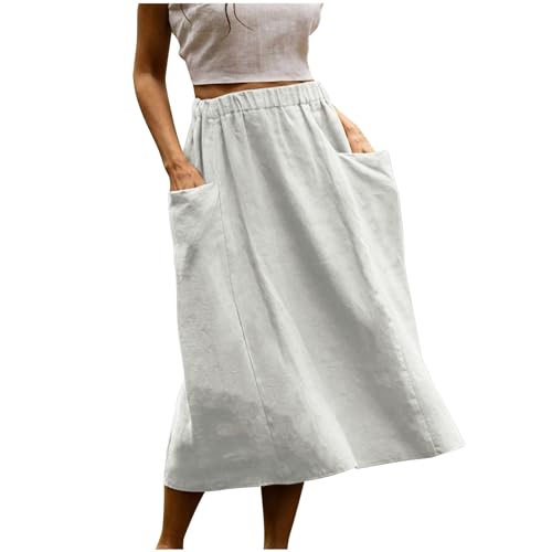 White Long Skirts for Women UK with Pockets Cotton Linen Skirts Midi Summer Casual Long Cargo A Line Skirt Midi Boho Plain Swing for Vacation Work