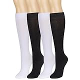 Bamboo Rayon Knee High Socks Soft Lightweight Tube Socks Breathable Athletic Long Sock 4 Pairs, White & Black(2 Pairs/Color), 10-13