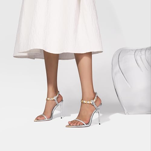 Image of Gold Strappy Stiletto Heels for Women Metallic Ankle Strap Open Toe High Heel Sandals Elegant Dress Shoes for Wedding Party Prom and Evening Events
