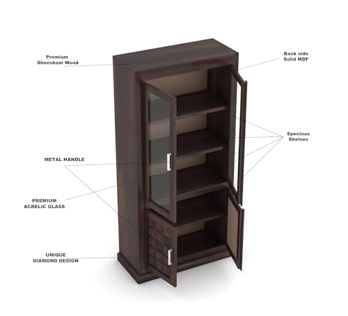 Image of Sheesham Wood Bookshelf with Glass Door for Home Library Solid Wood Bookcase Wooden Crockery Cabinet for Kitchen Book Shelf (Walnut Finish)