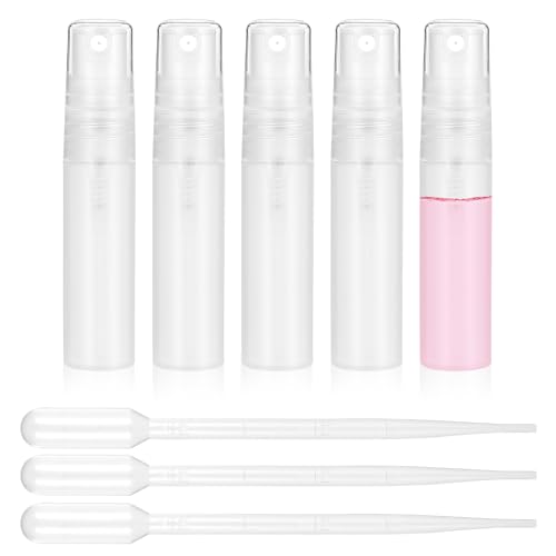 Bewudy 5 Pcs Mini Spray Bottle, 5ml Mini Plastic Spray Bottle Empty with 3 Pcs Transfer Pipettes, Fine Mist Refillable Mini Perfume Bottle, Perfume Atomizer Clear Plastic Portable Travel Bottle (5ML)