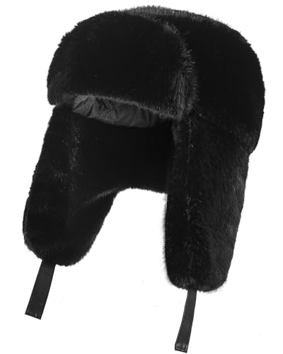Trapper Hat with Ear Flaps - Winter Russian-Style Fur Pilot Ushanka, Windproof Skiing for Men & Women Black