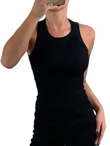 CHICME Womens Sleeveless Tank Top Summer Casual Ribbed Racerback Basic Fitted Thick Strap Black Shirts Top-M