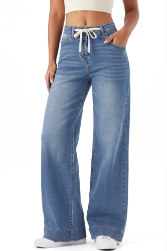 Image of Dokotoo Womens Jeans High Waist Stretch Wide Leg Ladies Trousers Light Blue