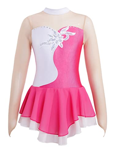 Winying Kids Girls Mesh Splice Sequins Figure Skating Competition Dress Ballet Gymnastics Leotard Dance Costumes Pink A 8 Years #TOP2